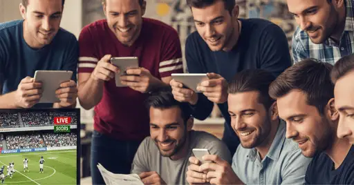 A group of people gathered around, intently watching a football match on a screen and using their smartphones and tablets, possibly searching for information like 'How long is a football game' during the intense viewing experience.